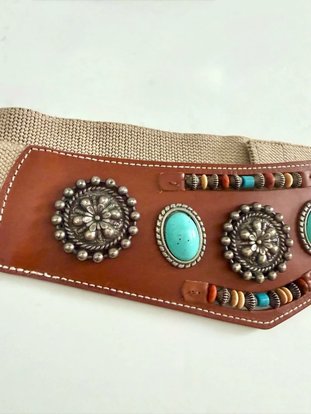 Patricia Green Details Vintage Belt Beaded Silver Turquoise Boho Woven Leather